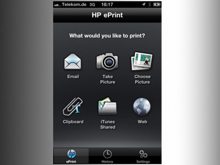 HP bietet für Smartphones auch eine ePrint-App an, mit der Dokumente auch bei öffentlichen Druckdienstleistern gedruckt werden können. (Screenshot: t-online.de)