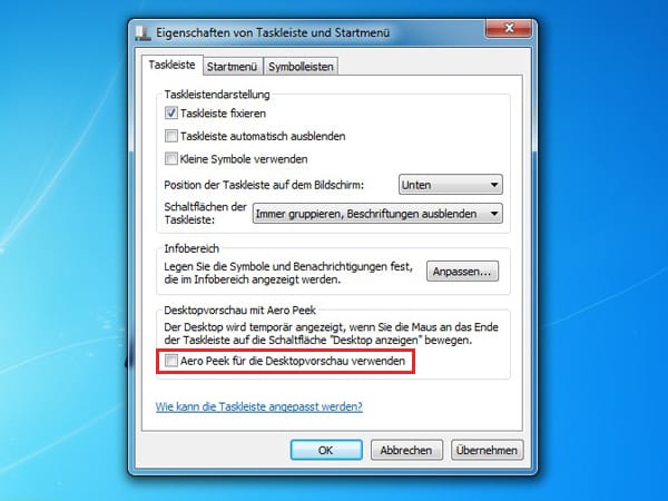 Aero Peek in Windows 7 deaktivieren (Screenshot: t-online.de)