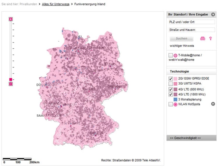 Wo ist LTE schon verfügbar? LTE ist vorwiegend in ländlichen Regionen, aber auch einigen Großstädten wie Köln und Frankfurt verfügbar (dunkle Flächen auf der Karte). Auf der Info-Seite zu LTE der Deutschen Telekom informiert eine Karte, ob sich LTE auch in Ihrem Wohngebiet nutzen lässt.