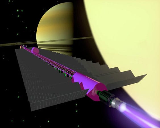 Den Traum vom interstellaren Reisen verfolgen Forscher immer wieder: Diese Zeichnung zeigt ein Raumschiff mit Kernfusionsantrieb im Anflug auf den Saturnmond Titan.