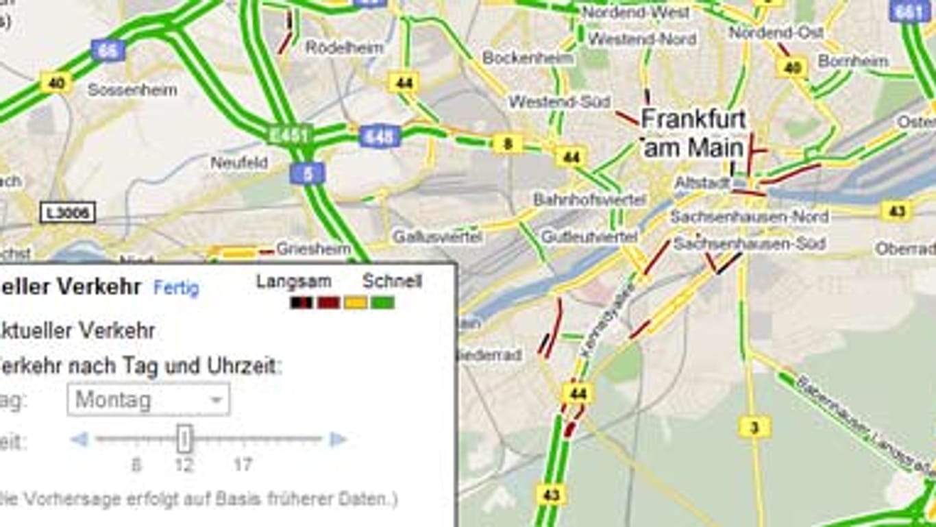 Bunte Markierungen zeigen das aktuelle Verkehrsaufkommen in Google Maps an (Screenshot: Google Maps)