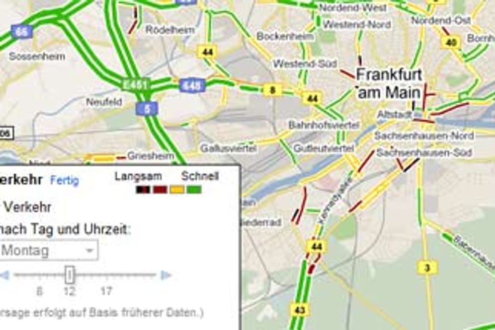 Bunte Markierungen zeigen das aktuelle Verkehrsaufkommen in Google Maps an (Screenshot: Google Maps)