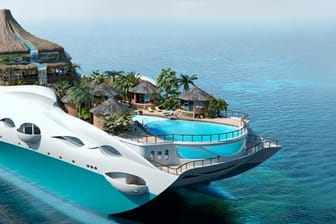 Schwimmende Insel: Der Yacht-Entwurf "Tropical Island Paradise" mit künstlichem Vulkan und Wasserfall.