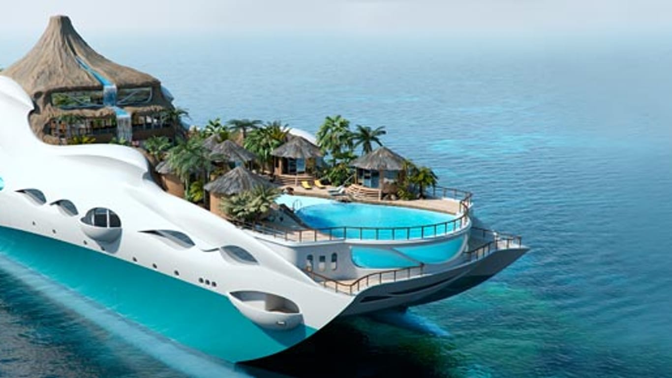 Schwimmende Insel: Der Yacht-Entwurf "Tropical Island Paradise" mit künstlichem Vulkan und Wasserfall.
