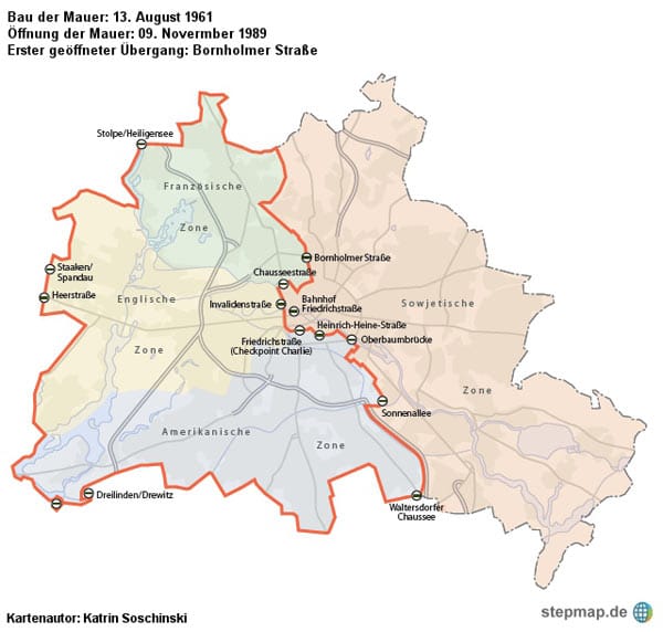 Die Berliner Mauer mit ihren 25 Grenzübergängen, das waren 60 Prozent aller Übergangsstellen zwischen der Bundesrepublik und der DDR. (Grafik: Stepmap)