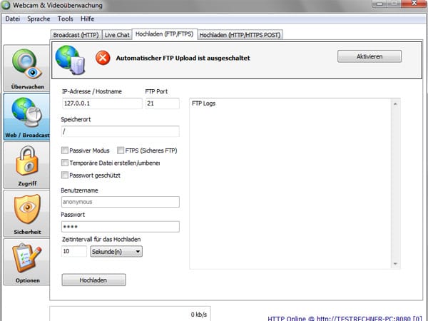 Auf Wunsch kann die Überwachungssoftware aufgezeichnete Bilder auf einen FTP-Server hochladen. Hier sehen Sie die entsprechende Konfigurationsseite, auf der die Adresse des Servers hinterlegt wird. Auch das Zeitintervall der Uploads kann eingestellt werden.