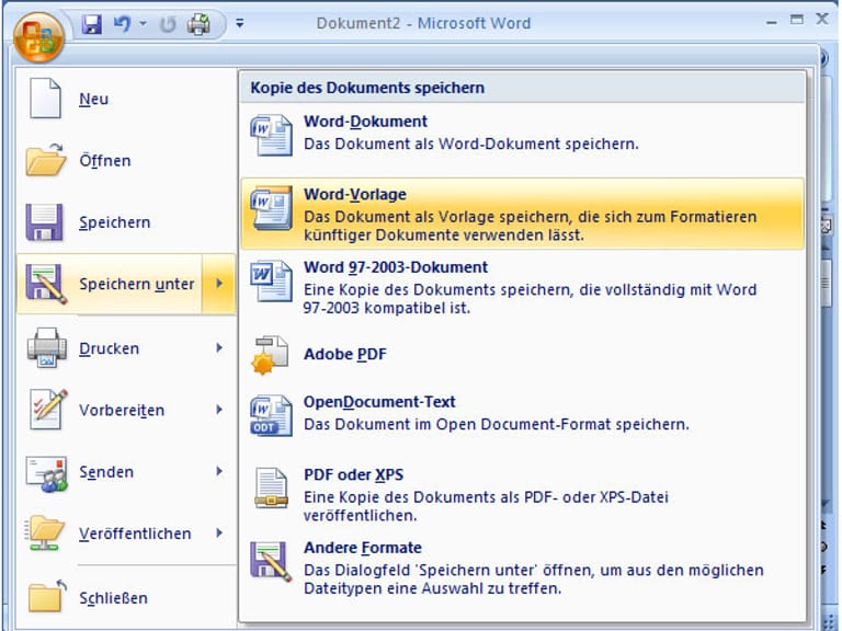 Speichern Sie das Dokument als Dokumentvorlage. Klicken Sie dazu in Word 2007 auf die Schaltfläche Office in der oberen linken Ecke und wählen im Dialogfenster Speichern unter den Typ Word-Vorlage.