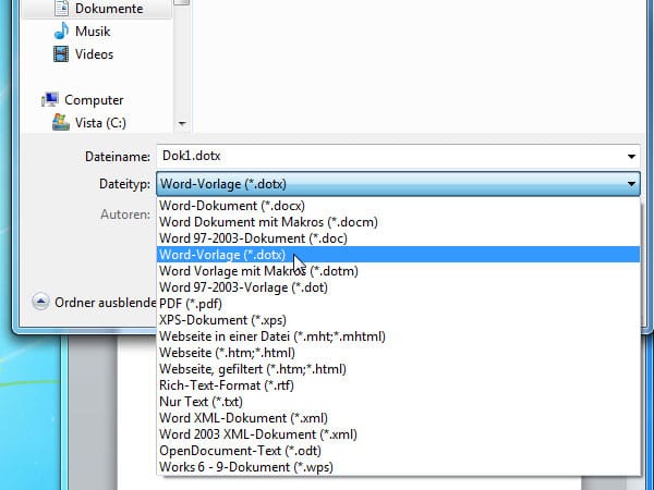 In Word 2010 klicken Sie in der Menü-Leiste auf Datei und wählen im Dialogfenster Speichern unter im Dropdown-Menü Dateityp den Typ Word-Vorlage (*.dotx).