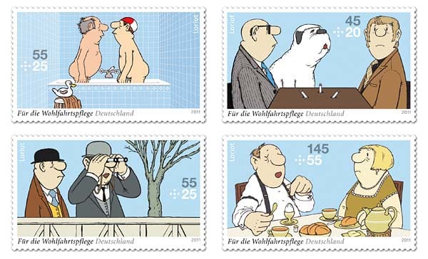 Bekannte Motive aus Loriots Cartoons erschienen am 3. Januar 2011 als Wohlfahrtsmarken, darunter „Das Frühstücksei“ und „Herren im Bad“. 1954 war Loriots erster Cartoonband, "Auf den Hund gekommen", erschienen.