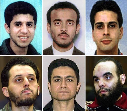 Sechs der 19 Terroristen, die für den schlimmsten Anschlag auf amerikanischem Boden verantwortlich sind. Der Mann in der Mitte der unteren Reihe ist Mohammed Atta, der mutmaßliche Anführer der Gruppe.