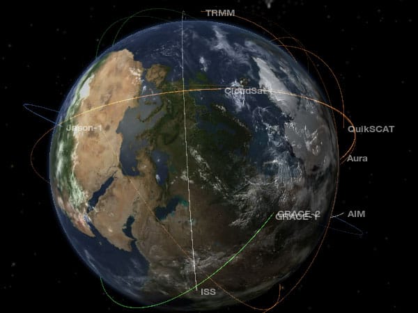 Heimat: Die Erde mit den sie umkreisenden Forschungssatelliten.