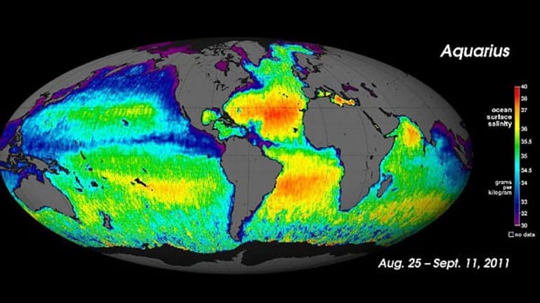 Salzgehalt der Meere: Wasser in den violetten Regionen enthält weniger als drei Prozent Salz; rote Areale sind mit rund vier Prozent am salzhaltigsten.
