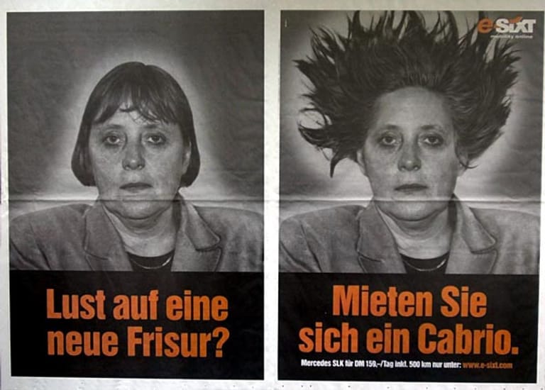 Wegen ihrer Frisur musste sich Angela Merkel im Laufe ihrer Karriere schon einigen Spott gefallen lassen. Eine Autovermietung warb 2001 mit ihrem Konterfei für billige Cabrio-Tarife. Die CDU sah es "gelassen", sagte ein Parteisprecher damals.