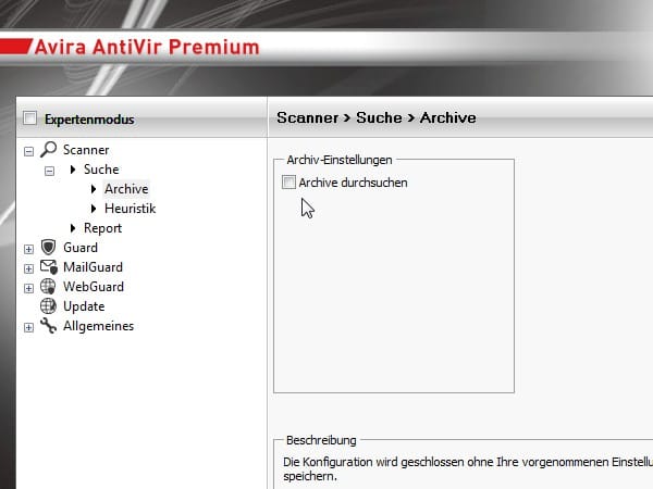 Wenn Sie bei einem Komplett-Scan Zeit sparen möchten, deaktivieren Sie unter Scanner/Suche/Archive das durchsuchen von Archiven. Innerhalb solcher Archivdateien können Schädlinge ohnehin keinen Schaden anrichten.