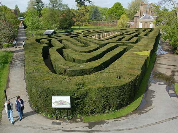 Im berühmten Irrgarten im Schlosspark von Hampton Court Palace wartet ein klassisches Labyrinth aus einem Wirrwarr unzähliger Buchsbaumhecken zum Verlaufen, Verirren und Spaß haben.