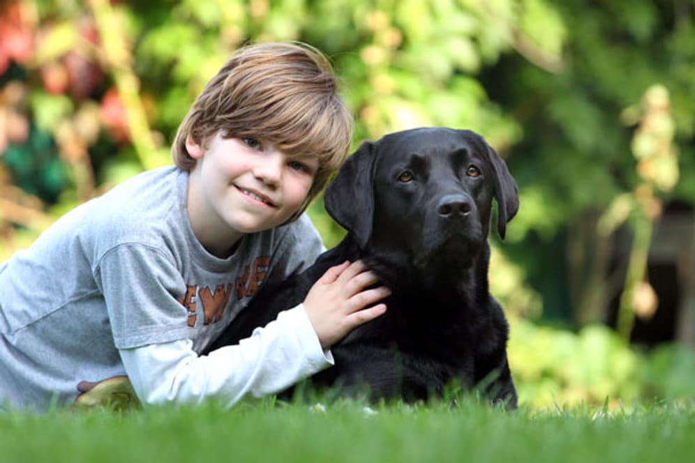 Der neunjaehrige Arnold Quass und seine Labradorhüendin "Lulu" liegen in Schwerin im Garten der Familie im Gras.