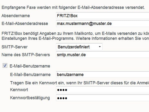 Damit Faxe per E-Mail verschickt werden können, müssen Sie sie Zugangsdaten Ihres Mailservers eingeben. Die Informationen finden Sie in Ihren Provider-Unterlagen oder in den Einstellungen Ihres E-Mail-Programms, wenn der Account hier bereits konfiguriert ist.