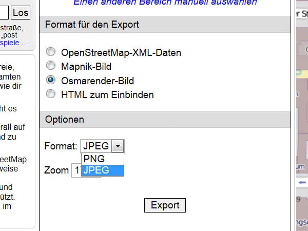 Wählen Sie im Bereich Format für den Export die Option Osmarender-Bild aus. Anschließend entscheiden Sie sich unter Optionen für eines der angebotenen Dateiformate. Klicken Sie dann auf Export.