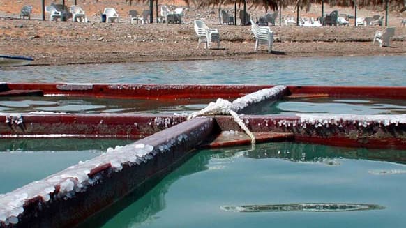 Salz im Meer: Im Toten Meer in Israel gibt es bekanntermaßen so viel davon, dass man beim Baden gemütlich Zeitung lesen kann. Eine Salzkruste überzieht ein Holzgestell am sogenannten Mineral Beach