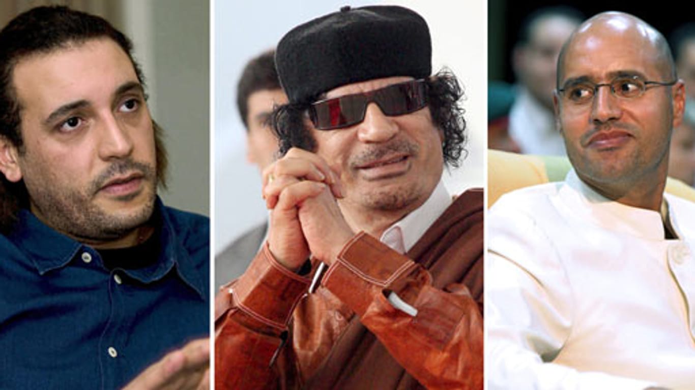 Muammar al-Gaddafi und zwei seiner Söhne: Hannibal (l.) und Saif al-Islam (r.)
