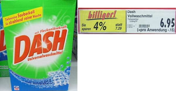 Produktname: Dash Universalwaschmittel Waschladungen (Füllmenge): alt: 45 WL (3,06 kg) / neu: 40 WL (2,72 kg) / Preis: 6,95 Euro Preiserhöhung: 12,5 Prozent