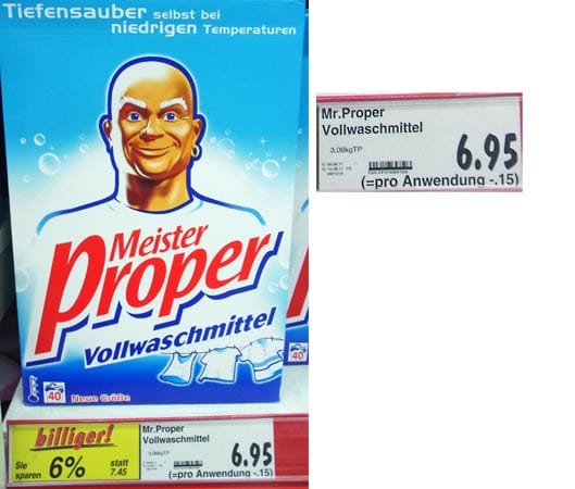 Produktname: Meister Propper Vollwaschmittel Waschladungen (Füllmenge): alt: 45 WL (3,06 kg) / neu: 40 WL (2,72 kg) Preiserhöhung: 12,5 Prozent