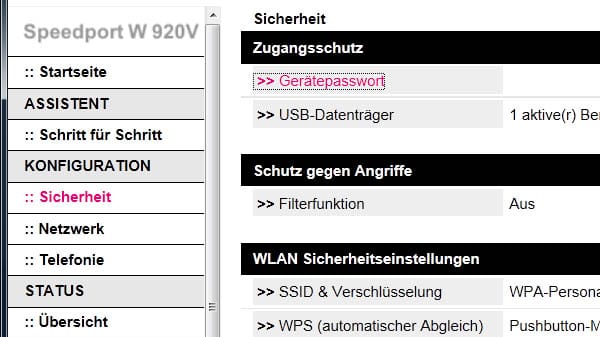 Als grundlegender Schutz sollten Sie Ihren Router mit einem Passwort versehen. Die Einstellungen finden Sie im Bereich Konfiguration unter Sicherheit, wenn Sie auf Gerätepasswort klicken.