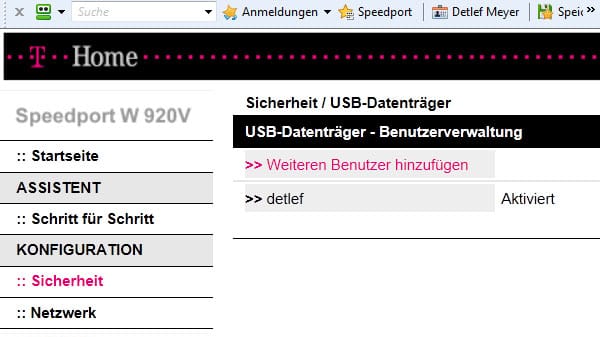 Über den USB-Port können Sie, neben einem Drucker, auch einen entsprechenden Speicherstick ins Netzwerk einbinden. Auf den kann im Netz oder via Internet passwortgeschützt zugegriffen werden. Nutzer und Zugangsdaten legen Sie im Bereich Konfiguration unter Sicherheit mit einem Klick auf USB-Datenträger an.