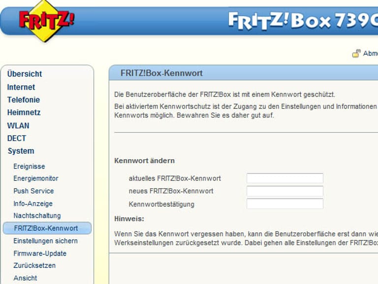 Verwenden Sie eine FritzBox als Router, gehen Sie wie Folgt vor: Die Einstellungen für ein neues Passwort finden Sie im Bereich System unter FRITZ!Box-Kennwort.