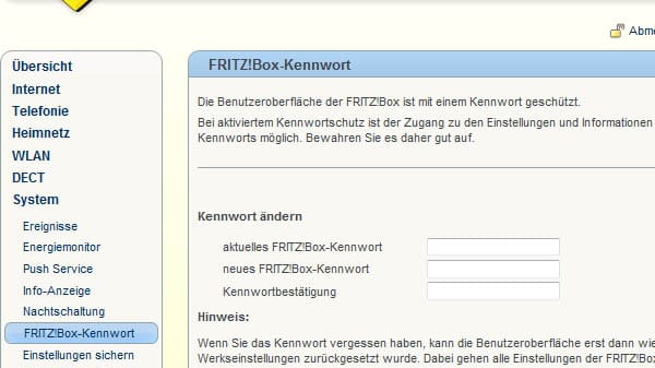 Verwenden Sie eine FritzBox als Router, gehen Sie wie Folgt vor: Die Einstellungen für ein neues Passwort finden Sie im Bereich System unter FRITZ!Box-Kennwort.