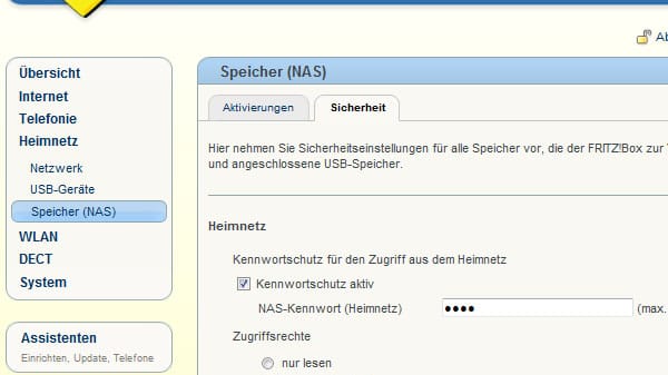 Über den USB-Port können Sie, neben einem Drucker, auch einen entsprechenden Speicherstick ins Netzwerk einbinden. Auf den kann im Netz oder via Internet passwortgeschützt zugegriffen werden. Nutzer und Zugangsdaten legen Sie im Bereich Heimnetz unter Speicher (NAS) mit einem Klick auf das Register Sicherheit an.