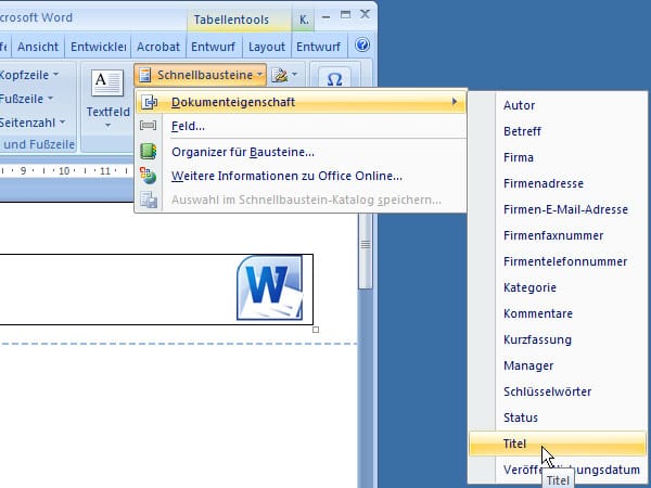 Damit Word den Dokumenten-Titel auf jedem Blatt einfügt, klicken Sie auf die Schaltfläche Schnellbausteine und wählen über Dokumenteigenschaft den Befehl Titel aus. Der Titel wird automatisch vom Deckblatt übernommen. Dieses können Sie über Einfügen – Seiten – Deckblatt Ihrem Dokument hinzufügen.