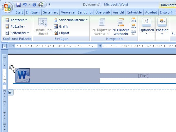 Die gerade (linke) Kopfzeile erstellen Sie mit den gleichen Schritten. Platzieren Sie die Grafik in die linke Tabellenzelle und rechts daneben den Platzhalter für den Dokumenten-Titel.