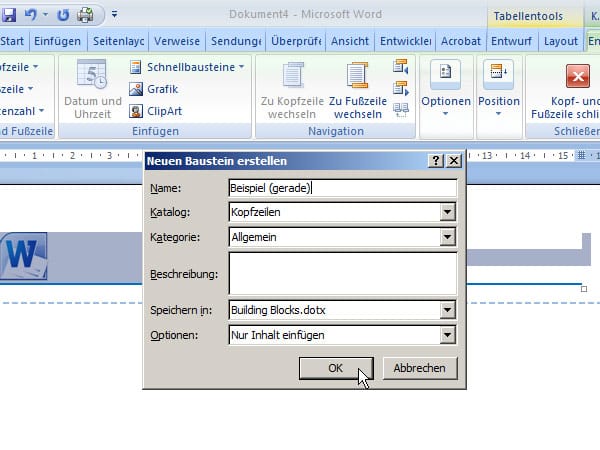 Speichern Sie die Kopfzeile für gerade Seiten ebenfalls im Baustein-Katalog von Word ab. Im nächsten Schritt gestalten Sie die Fußzeilen Ihres Dokuments.