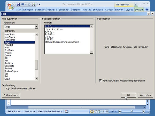 Klicken Sie mit der Maus unter Feldname auf den Eintrag Page; anschließend wählen Sie unter Feldeigenschaften die Nummerierungsvariante 1,2,3 aus. Schließen Sie das Auswahlfenster mit einem Klick auf OK. Speichern Sie auch die Fußzeile im Vorlagenkatalog von Word ab. Soll in der Fußzeile beispielsweise Seite "3 von 10" stehen, tippen Sie hinter der Feldfunktion Page "von" ein, öffnen erneut die Feldeigenschaften und wählen NumPages.
