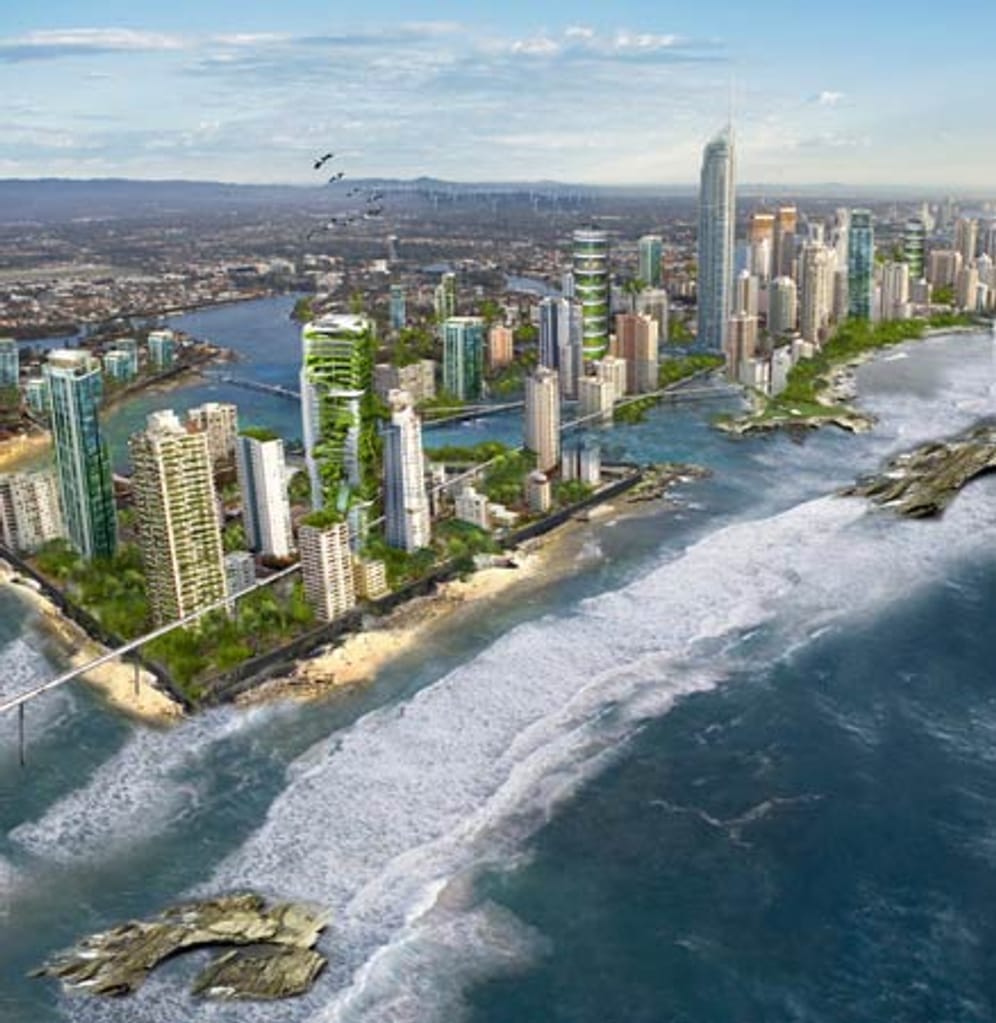 Computersimulation der Küste von Queensland, Australien, im Jahr 2050: Der Klimawandel und der steigende Meeresspiegel verändern irgendwann das Leben aller Erdbewohner - egal ob sie auf einer abgelegenen Pazifikinsel leben oder in der Großstadt.