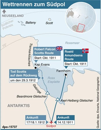 Amundsen und sein britischer Rivale Robert Falcon Scott hatten im Winter 1911 das gleiche ehrgeizige Ziel: als erster Mensch den Südpol zu erreichen. Beide machten sich im Abstand von vier Tagen auf unterschiedlichen Routen auf den Weg über den eisigen Kontinent.