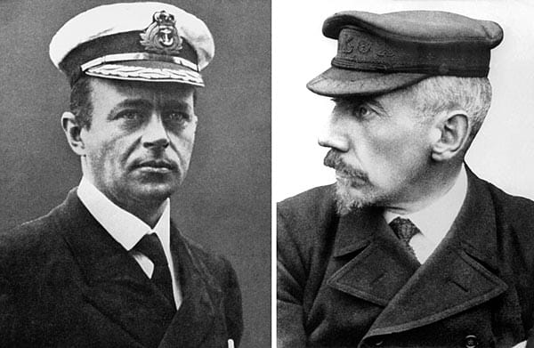 Roald Amundsen (r.) und sein britischer Rivale Robert Falcon Scott (l.): Als Amundsen das Ziel erreicht hatte, kämpfte das Team um Scott immernoch mit der Kälte und der Ausrüstung. Erschöpft erreichten die Männer am 17. oder 18. Januar 1912 den Pol - und mussten feststellen, dass Amundsen schneller gewesen war.