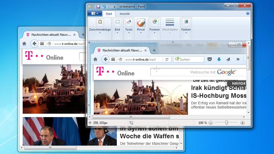 Um einen Screenshot als Bild-Datei im JPG-Format abzuspeichern, öffnen Sie über das Startmenü das Windows-eigene Malprogramm Paint, und drücken Strg+V.