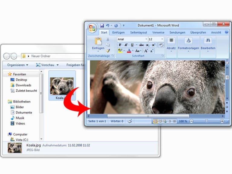 Die Tastenkombination Strg+C lässt sich in vielen Anwendungen nutzen – etwa um ein Foto in ein Word-Dokument einzufügen. Markieren Sie dazu Ihr Foto und drücken Strg+C. Nun setzen Sie in Word die Einfügemarke an die Position, an der Sie die kopierte Bild-Datei aus der Zwischenablage einfügen wollen, und drücken Strg+V.