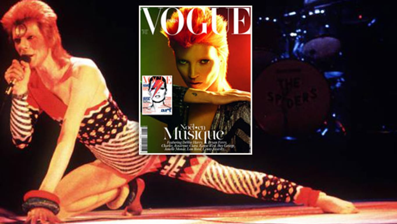 Verblüffende Ähnlichkeit: Kate Moss (re.) imitiert David Bowie in seiner Ziggy-Stardust-Phase