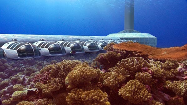Ein Fahrstuhl transportiert die Hotelgäste der Poseidon Undersea Resorts rund zwölf Meter tief in die Unterwasserwelt einer privaten Fidschi-Insel.