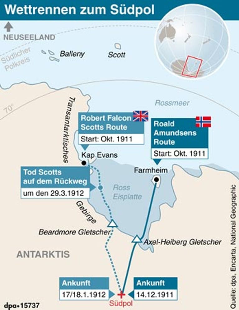 Antarktis: Die Wege von Scott und Amundsen zum Pol. Der Norweger wagte eine bis dahin noch unbekannte Route.