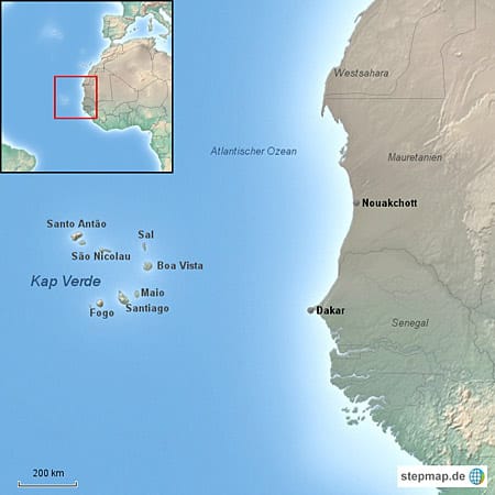 Die Kapverdischen Inseln liegen sechs Flugstunden entfernt im Atlantik vor der Westküste Afrikas. Sie bestehen aus 15 Inseln, die Hauptstadt ist Praia mit rund 100.000 Einwohnern.
