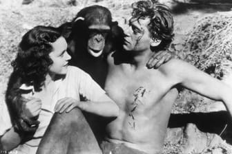 Cheetah, Johnny Weissmüller und Jane-Darstellerin Maureen O'Sullivan in "Tarzan, der Affenmensch"