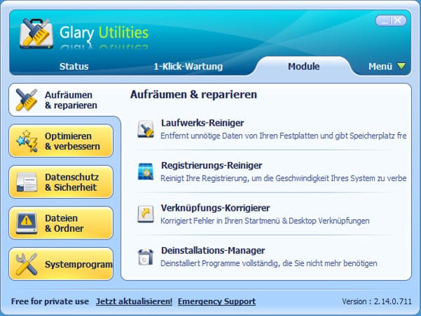 Die Glary Utilities räumen auf im System. Das Freeware-Tool optimiert beispielsweise den Arbeitsspeicher, verwaltet Autostart-Programme und Kontextmenü, bereinigt die Windows Registry und löscht temporäre, überflüssige Dateien. Kurz: Der universelle Werkzeugkasten erledigt alles, was Sie zum optimieren, säubern und beschleunigen von Windows benötigen. Gratis-Download Glary Utilities