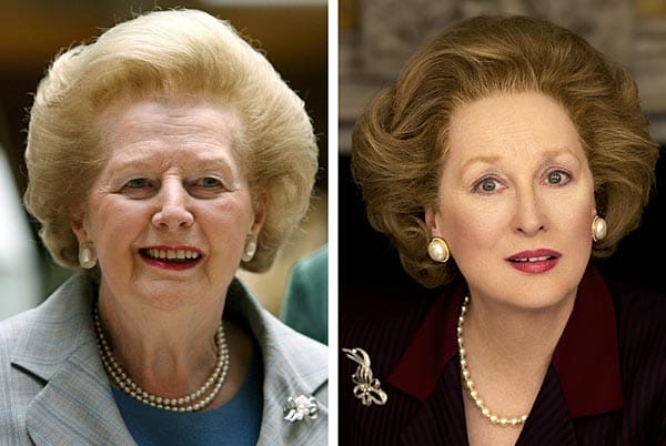 Die frühere britische Premierministerin Margaret Thatcher (Archivfoto vom 15.05.2007) und die US-Schauspielerin Meryl Streep in ihrer Rolle als Premierministerin Thatcher im Film "Die Eiserne Lady".