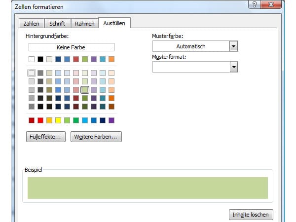 Wählen Sie unter dem Register Ausfüllen eine Farbe aus, die jeder zweiten Zeile zugeordnet werden soll, und schließen Sie die Dialogfenster anschließend.
