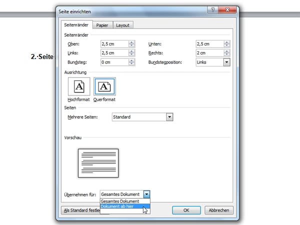 Es öffnet sich das Dialogfeld Seite einrichten. Hier klicken Sie unter Ausrichtung auf Querformat und wählen weiter unten bei Übernehmen für: die Option Dokument ab hier. Bestätigen Sie mit OK. Jetzt wird das Dokument ab der zweiten Seite im Querformat dargestellt.