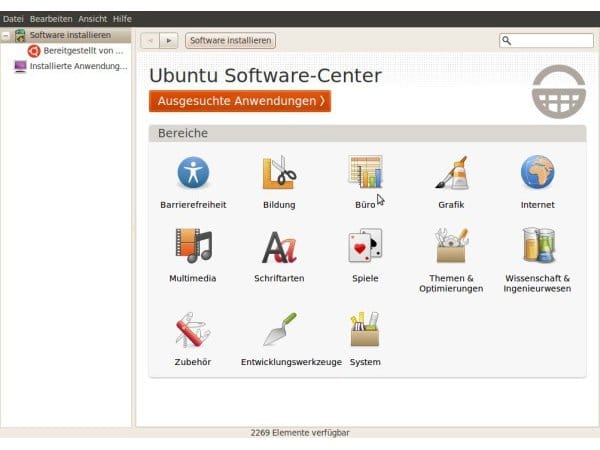 Ein installiertes Ubuntu-Linux mit weiterer Software auszustatten, ist relativ einfach: Klicken Sie zunächst auf den Startknopf, und rufen Sie aus dem Startmenü den untersten Eintrag, das Ubuntu Software-Center, auf. Im Software-Center können Sie unter tausenden von Anwendungen auswählen.